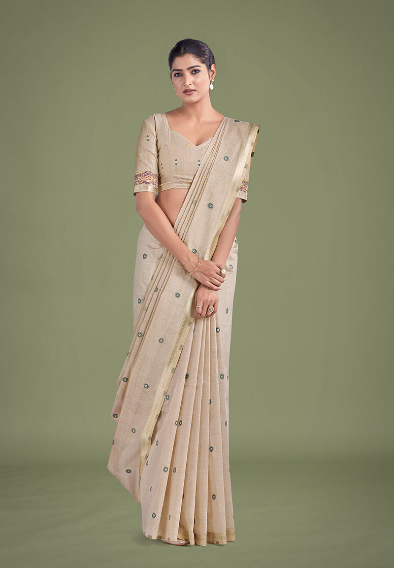 Monjolika Fashion Imaginative Beige & Maroon Woven Butti Pattern Cotton Silk Saree - Distacart