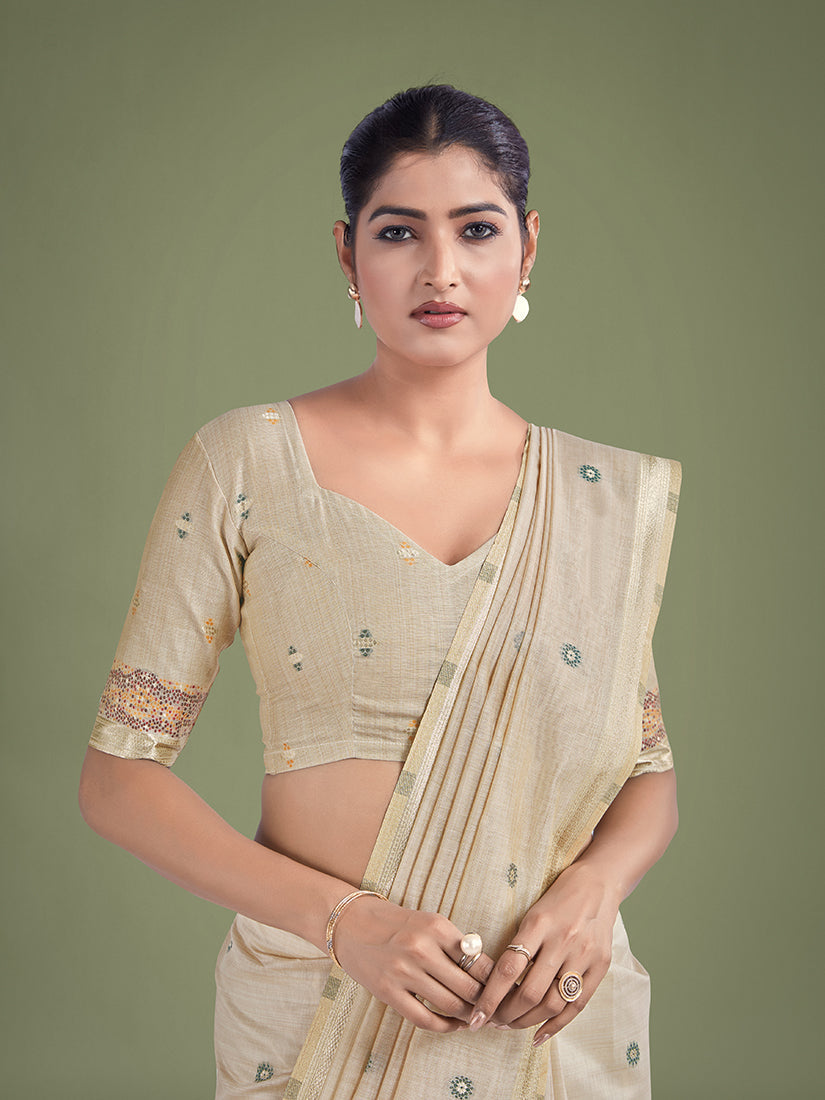 Monjolika Fashion Imaginative Beige & Maroon Woven Butti Pattern Cotton Silk Saree - Distacart