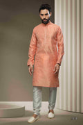 Raivat Ethnic Jacquard Silk Brocade Mirror Work Kurta Pajama In Peach Colour - Distacart