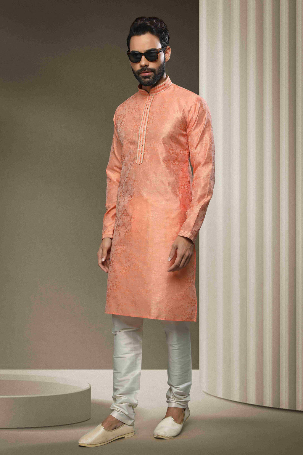 Raivat Ethnic Jacquard Silk Brocade Mirror Work Kurta Pajama In Peach Colour - Distacart