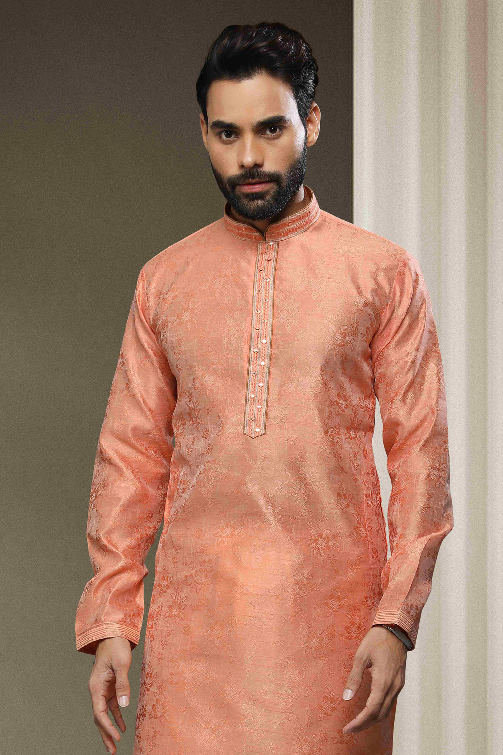 Raivat Ethnic Jacquard Silk Brocade Mirror Work Kurta Pajama In Peach Colour - Distacart