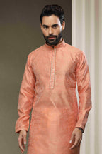 Raivat Ethnic Jacquard Silk Brocade Mirror Work Kurta Pajama In Peach Colour - Distacart