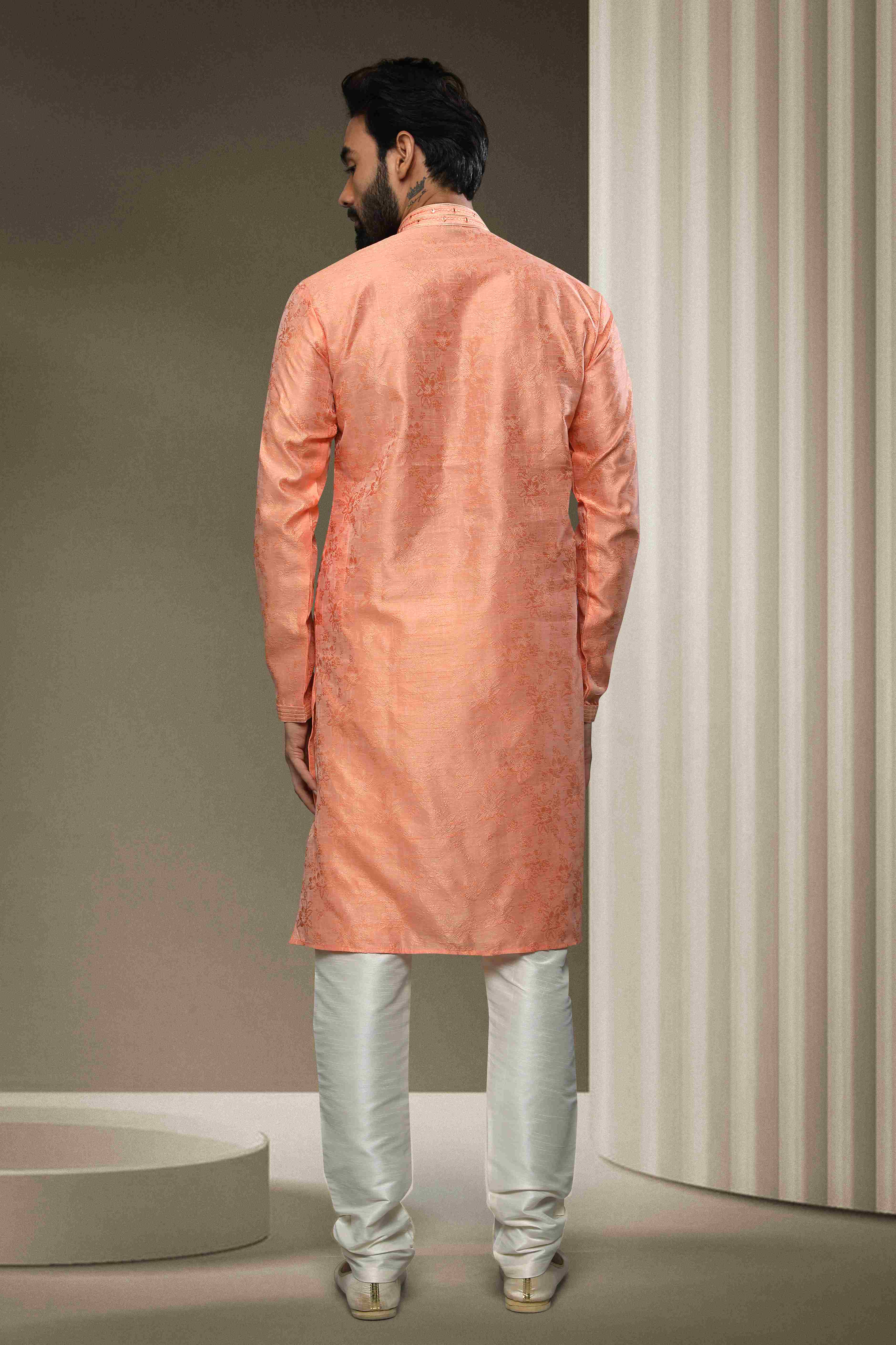 Raivat Ethnic Jacquard Silk Brocade Mirror Work Kurta Pajama In Peach Colour - Distacart