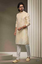 Raivat Ethnic Jacquard Silk Brocade Mirror Work Kurta Pajama In Cream Colour - Distacart
