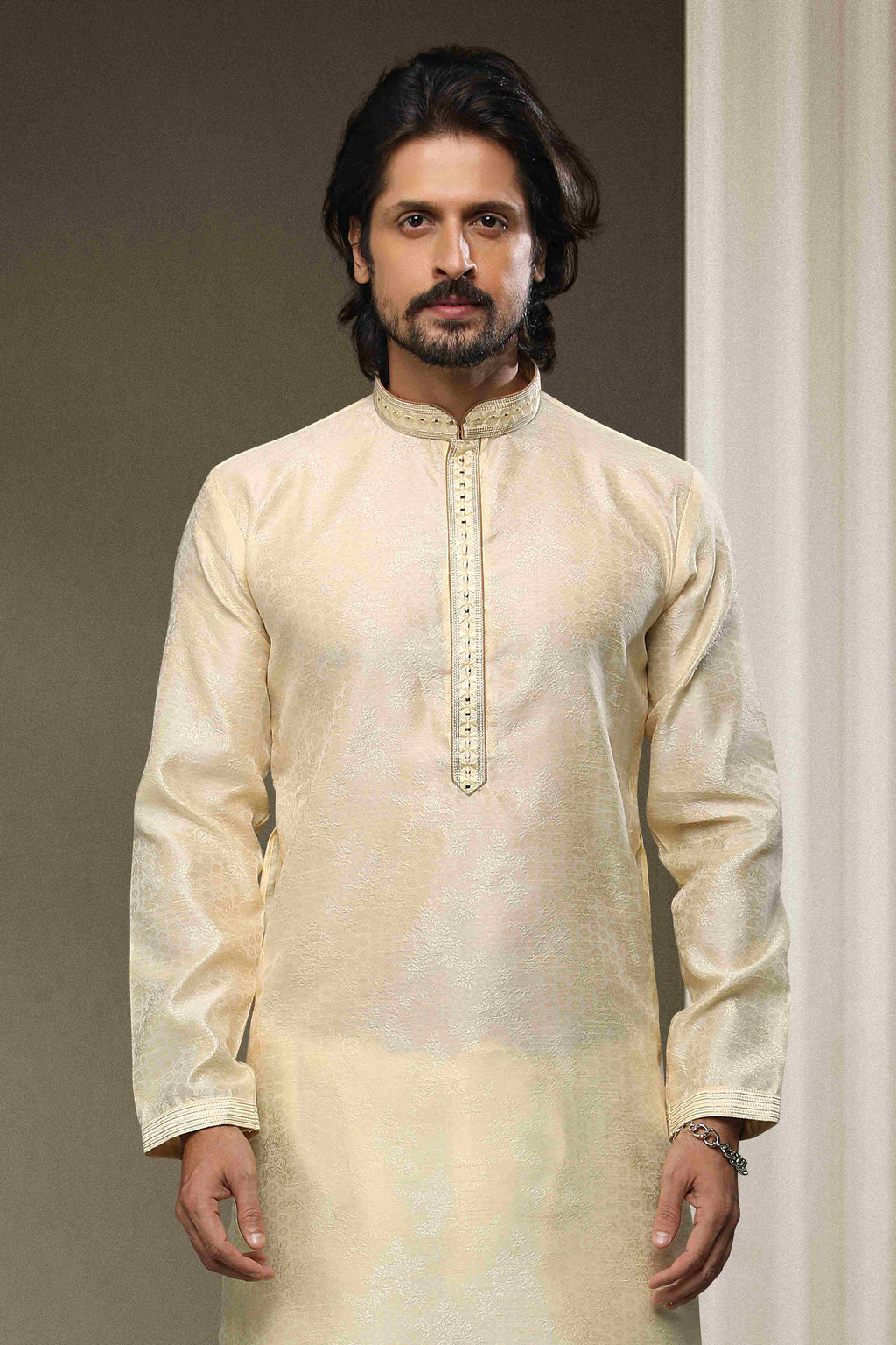 Raivat Ethnic Jacquard Silk Brocade Mirror Work Kurta Pajama In Cream Colour - Distacart
