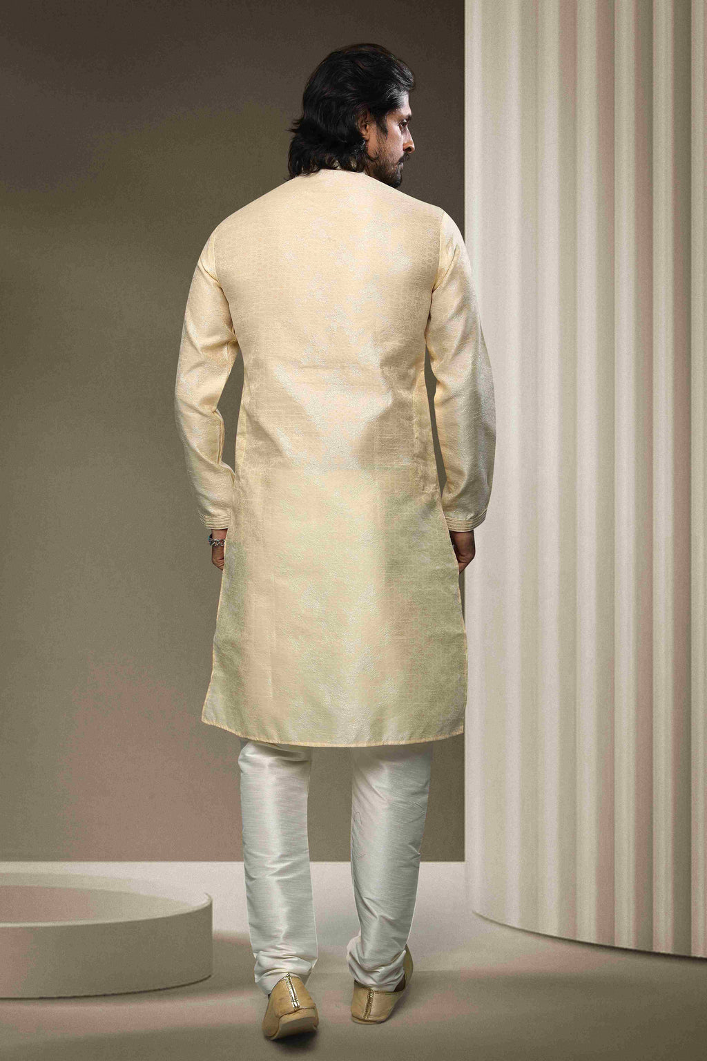 Raivat Ethnic Jacquard Silk Brocade Mirror Work Kurta Pajama In Cream Colour - Distacart