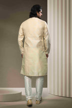 Raivat Ethnic Jacquard Silk Brocade Mirror Work Kurta Pajama In Cream Colour - Distacart