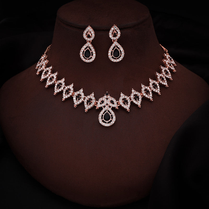 Tehzeeb Creations Shimmering Rose Gold Polished Ad Studded Necklace Jewellery Set With Matching Earrings For Women And Girls