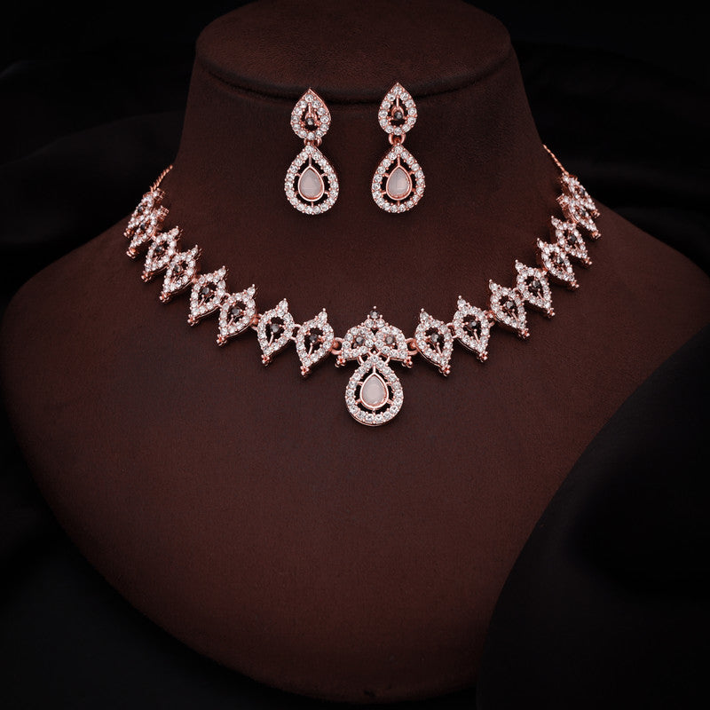 Tehzeeb Creations Shimmering Rose Gold Polished Ad Studded Necklace Jewellery Set With Matching Earrings For Women And Girls