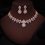 Tehzeeb Creations Shimmering Rose Gold Polished Ad Studded Necklace Jewellery Set With Matching Earrings For Women And Girls