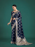 Monjolika Fashion Blue Color Festival Wear Banarasi Satin Silk Designer Zari Weaving Saree - Distacart