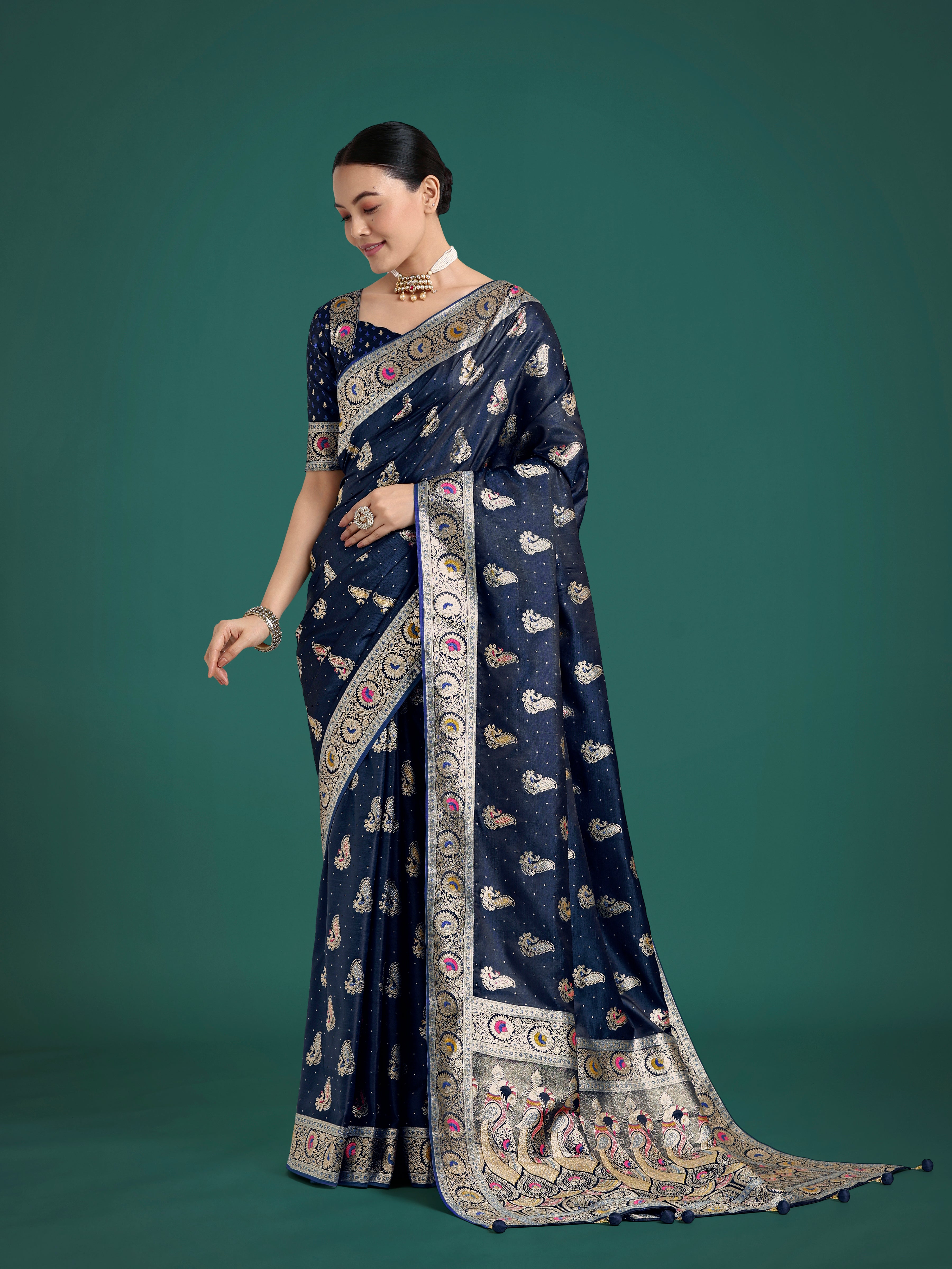 Monjolika Fashion Blue Color Festival Wear Banarasi Satin Silk Designer Zari Weaving Saree - Distacart