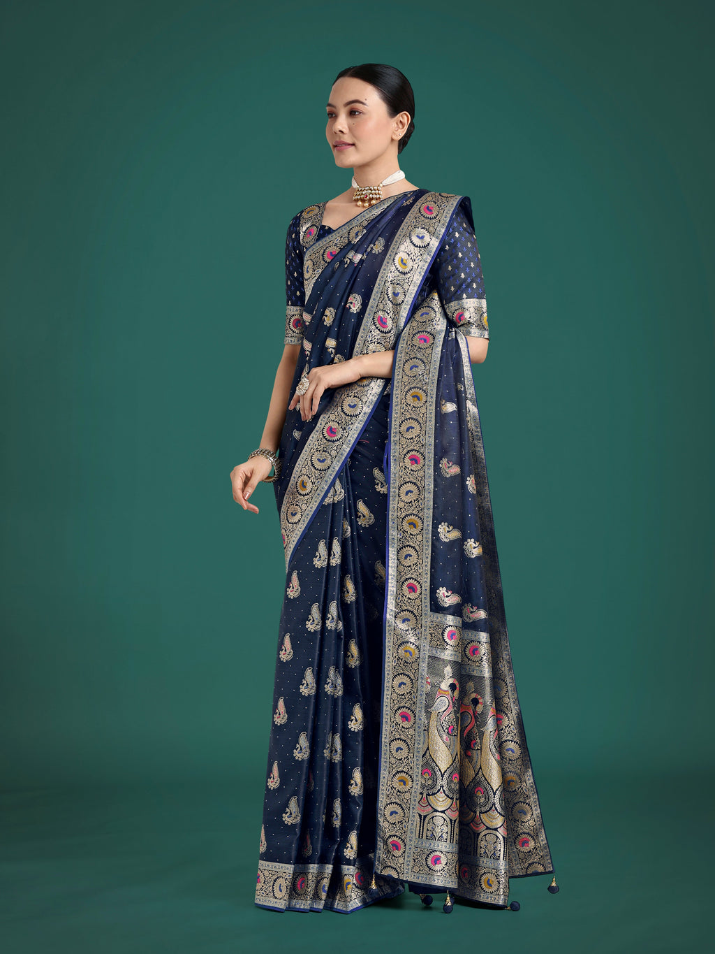 Monjolika Fashion Blue Color Festival Wear Banarasi Satin Silk Designer Zari Weaving Saree - Distacart