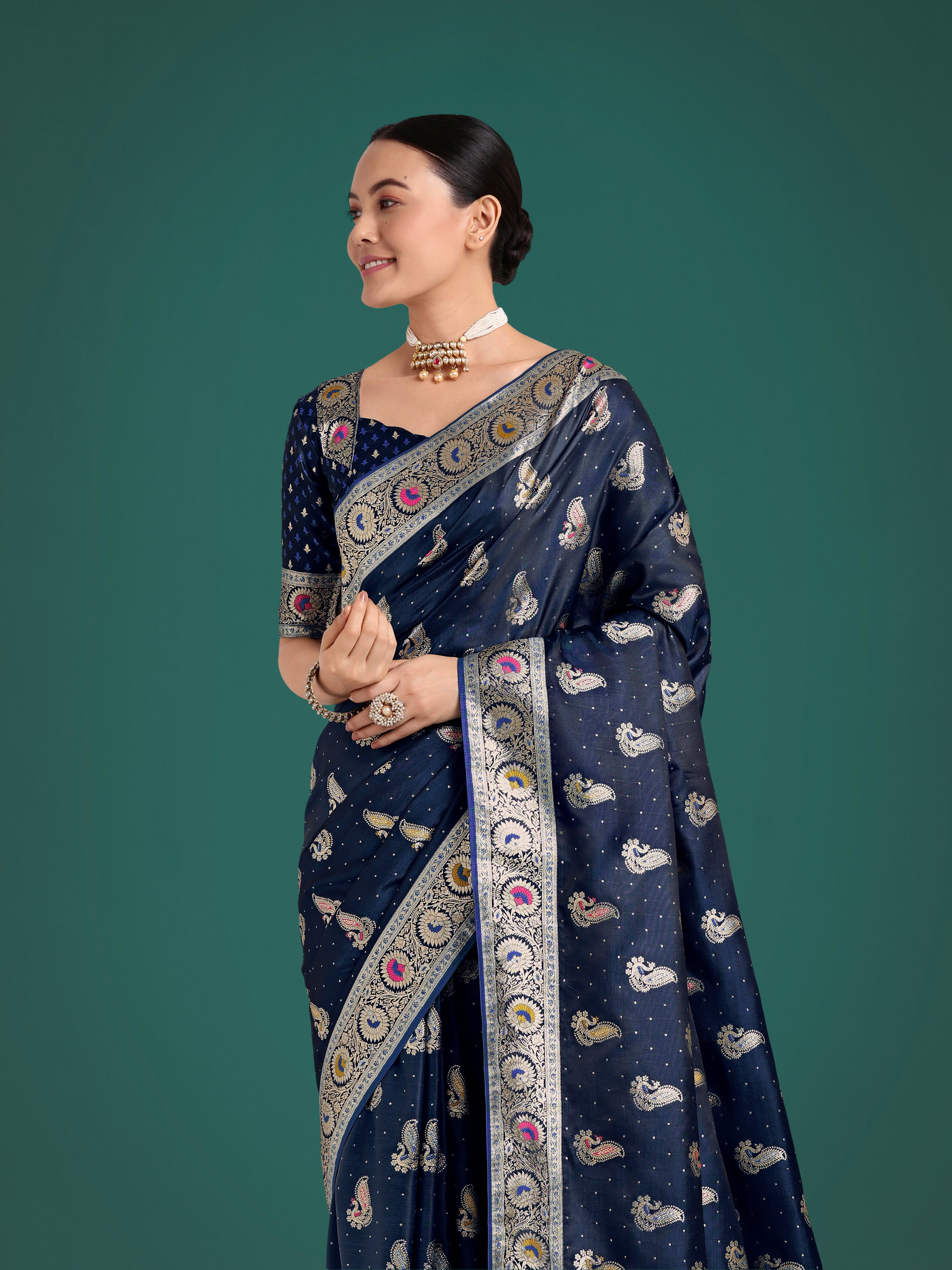 Monjolika Fashion Blue Color Festival Wear Banarasi Satin Silk Designer Zari Weaving Saree - Distacart