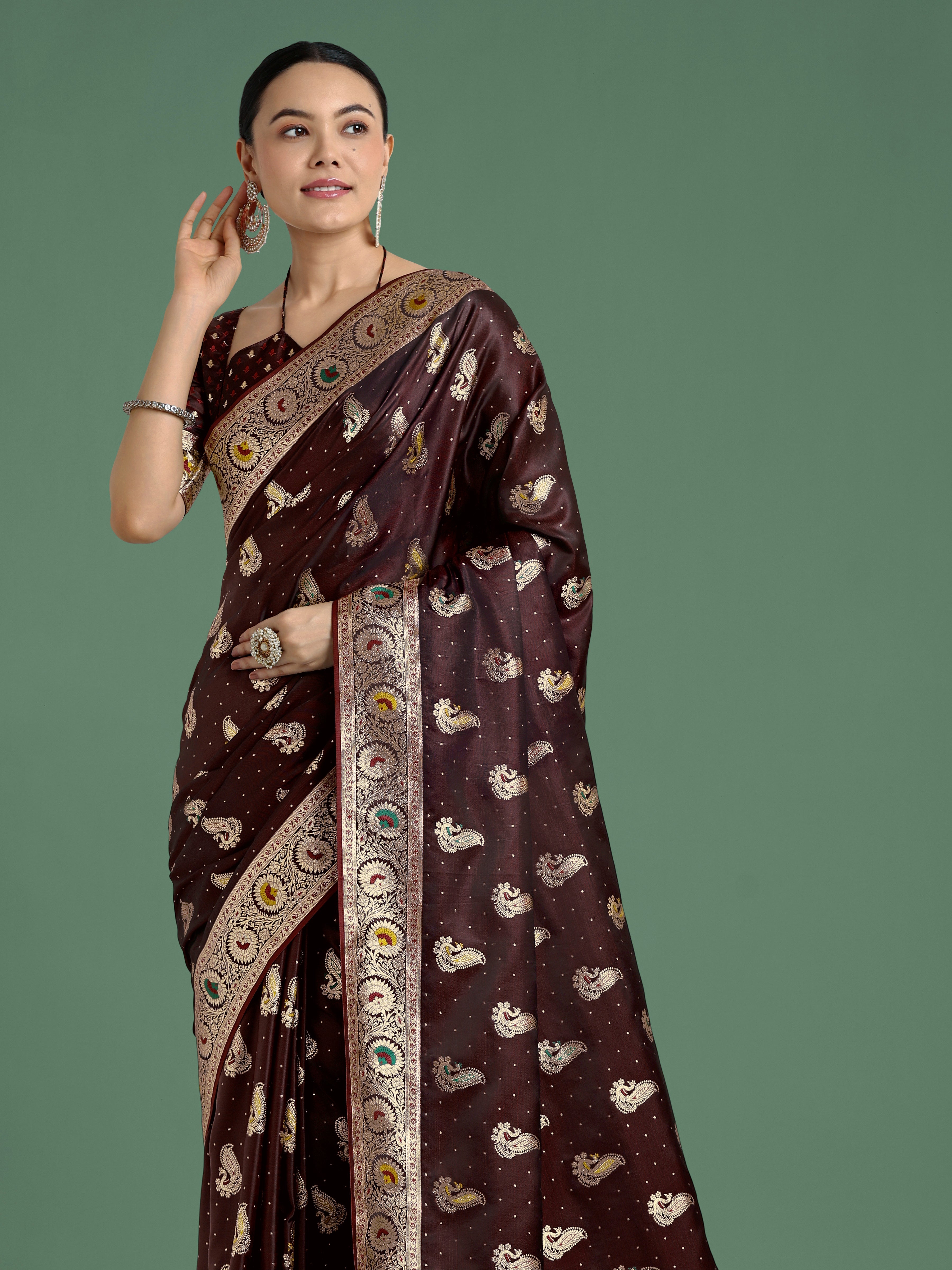 Monjolika Fashion Maroon Color Festival Wear Banarasi Satin Silk Designer Zari Weaving Saree - Distacart