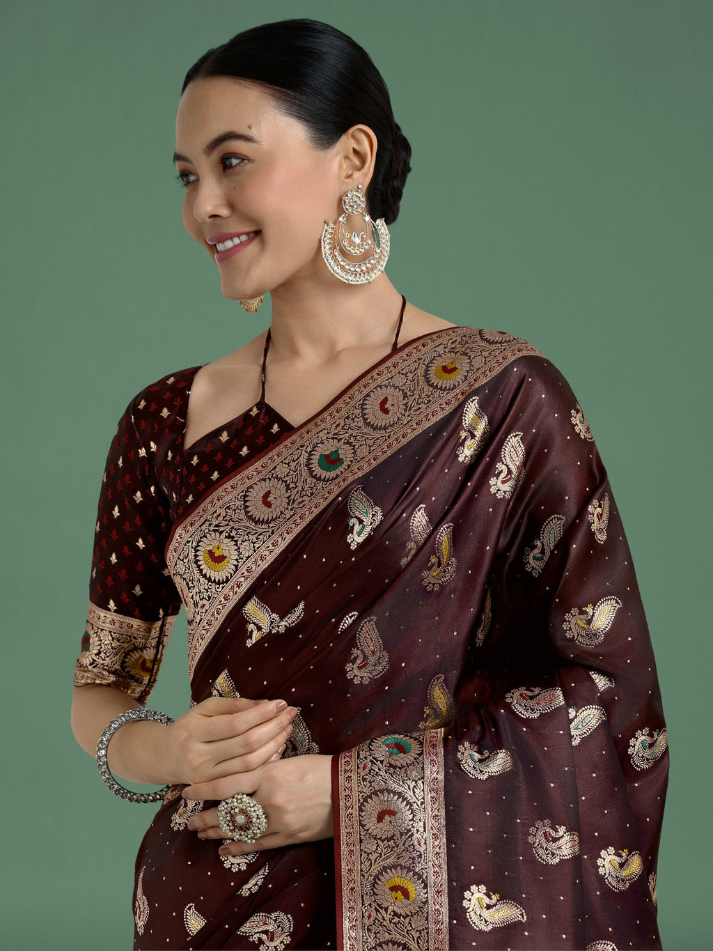 Monjolika Fashion Maroon Color Festival Wear Banarasi Satin Silk Designer Zari Weaving Saree - Distacart