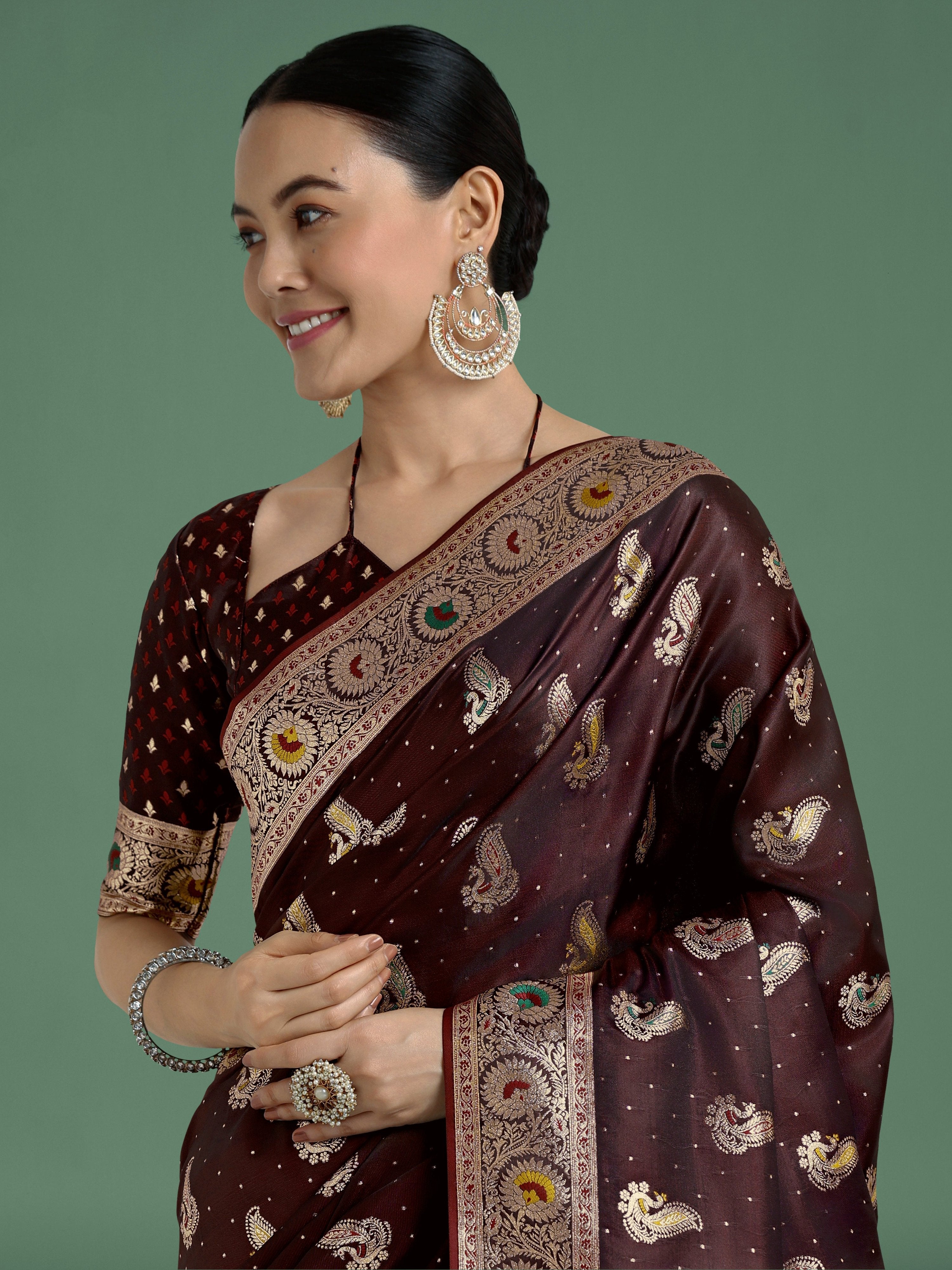 Monjolika Fashion Maroon Color Festival Wear Banarasi Satin Silk Designer Zari Weaving Saree - Distacart