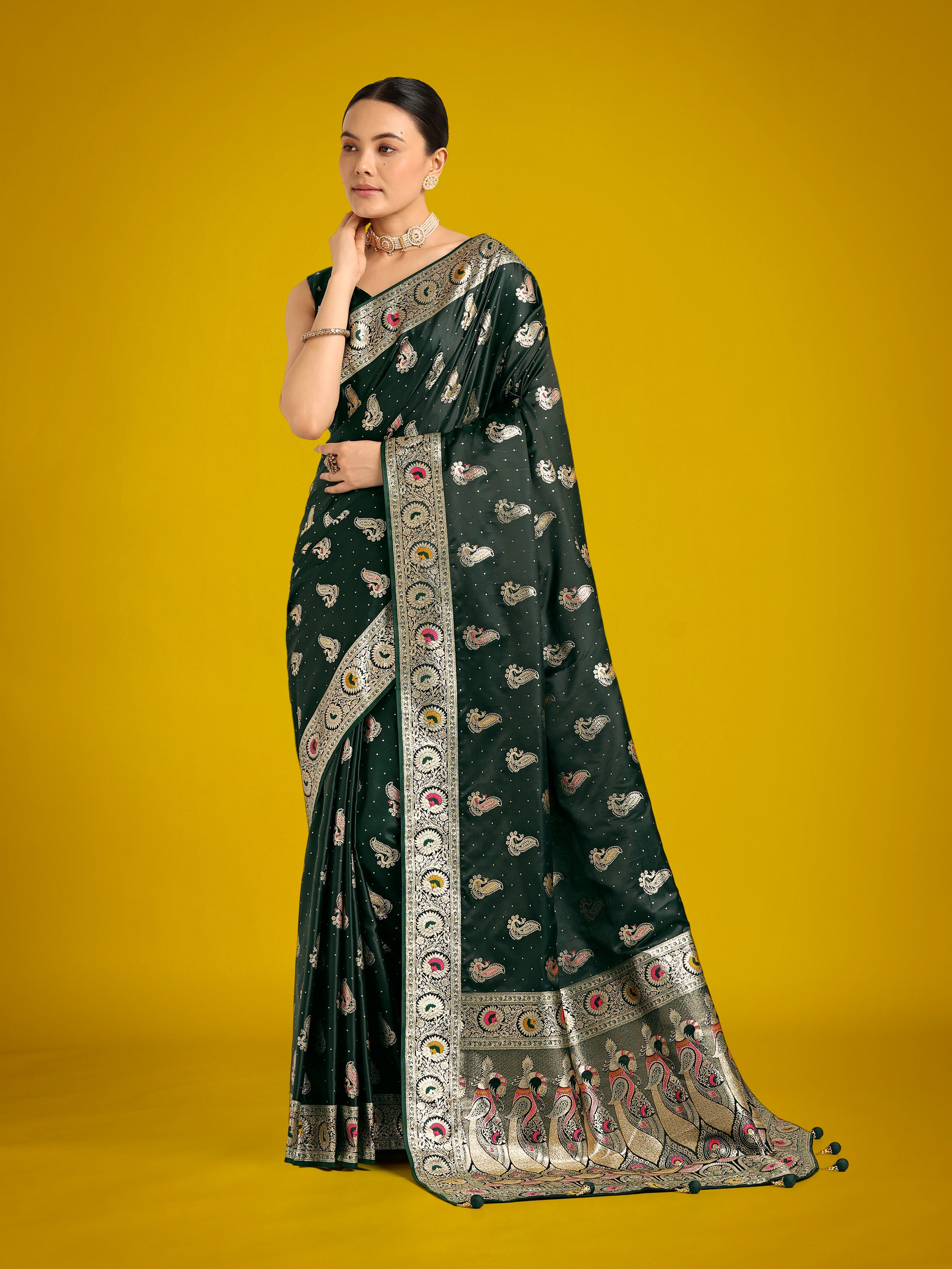 Monjolika Fashion Dark Green Color Festival Wear Banarasi Satin Silk Designer Zari Weaving Saree - Distacart