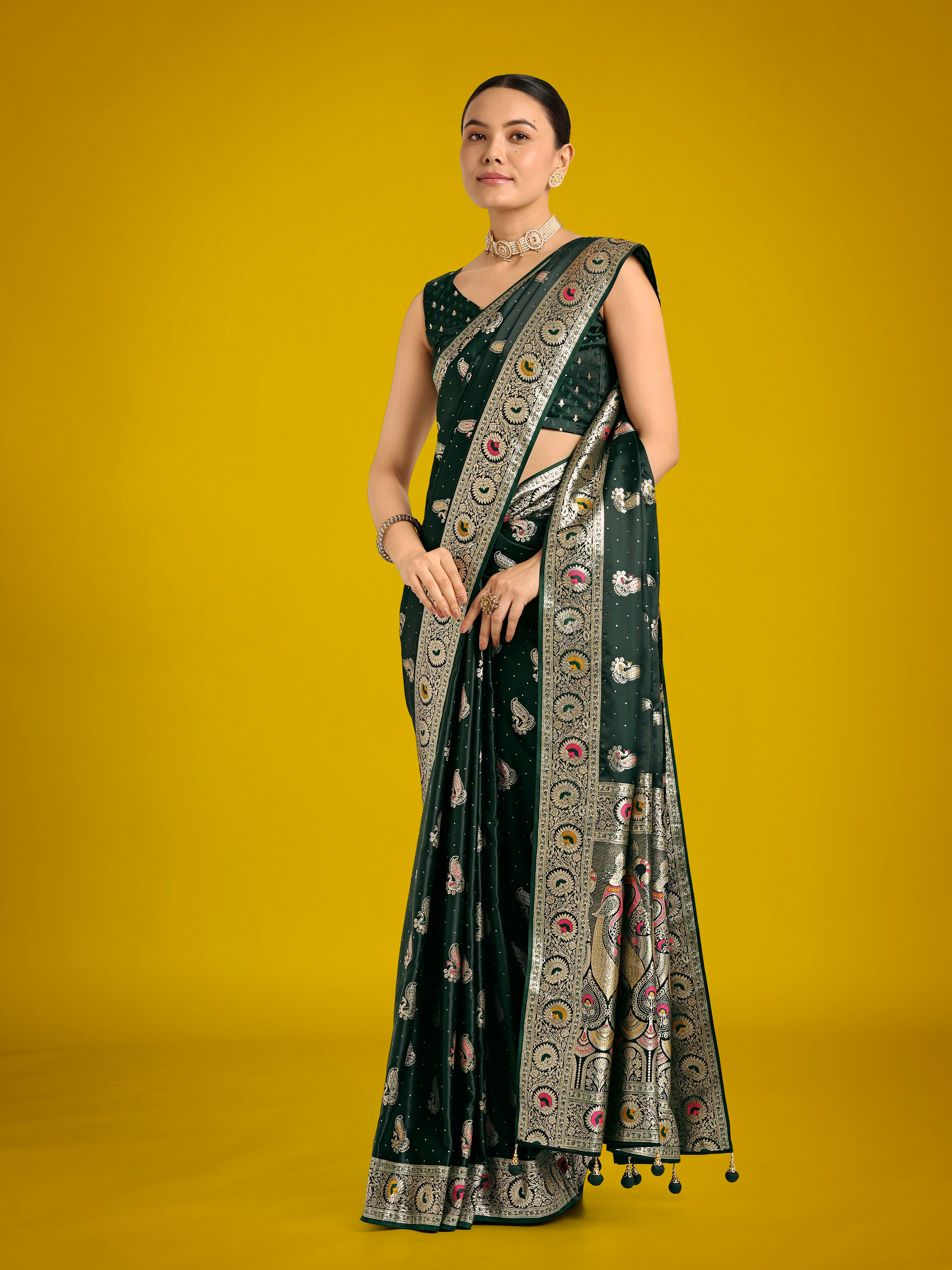 Monjolika Fashion Dark Green Color Festival Wear Banarasi Satin Silk Designer Zari Weaving Saree - Distacart