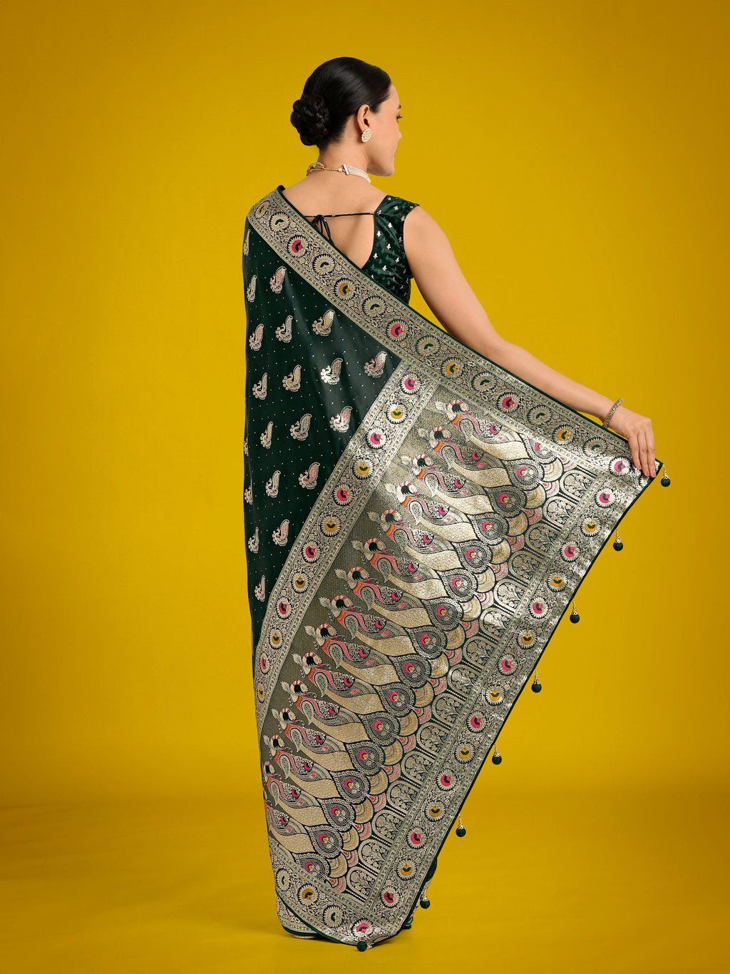 Monjolika Fashion Dark Green Color Festival Wear Banarasi Satin Silk Designer Zari Weaving Saree - Distacart