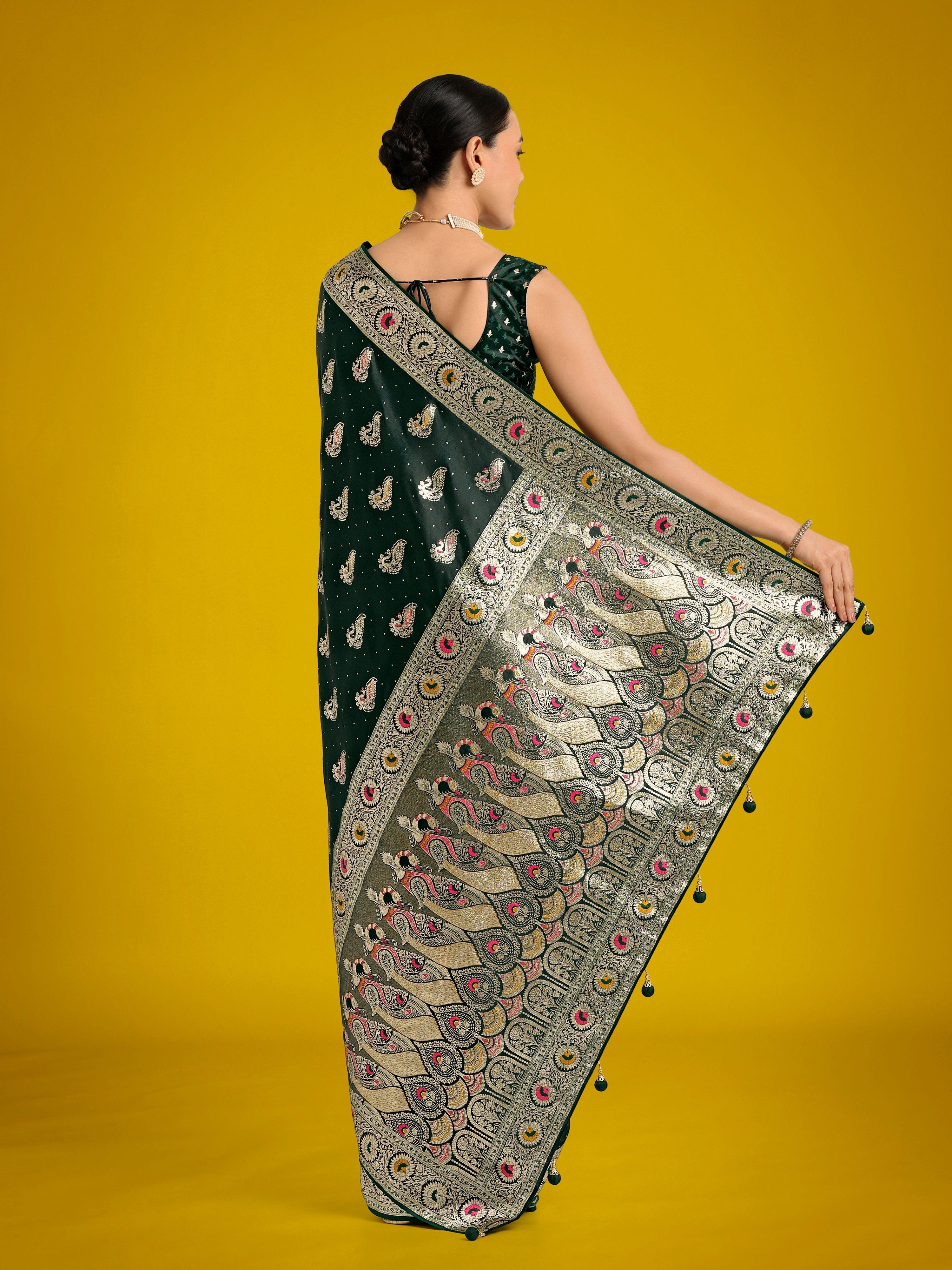 Monjolika Fashion Dark Green Color Festival Wear Banarasi Satin Silk Designer Zari Weaving Saree - Distacart