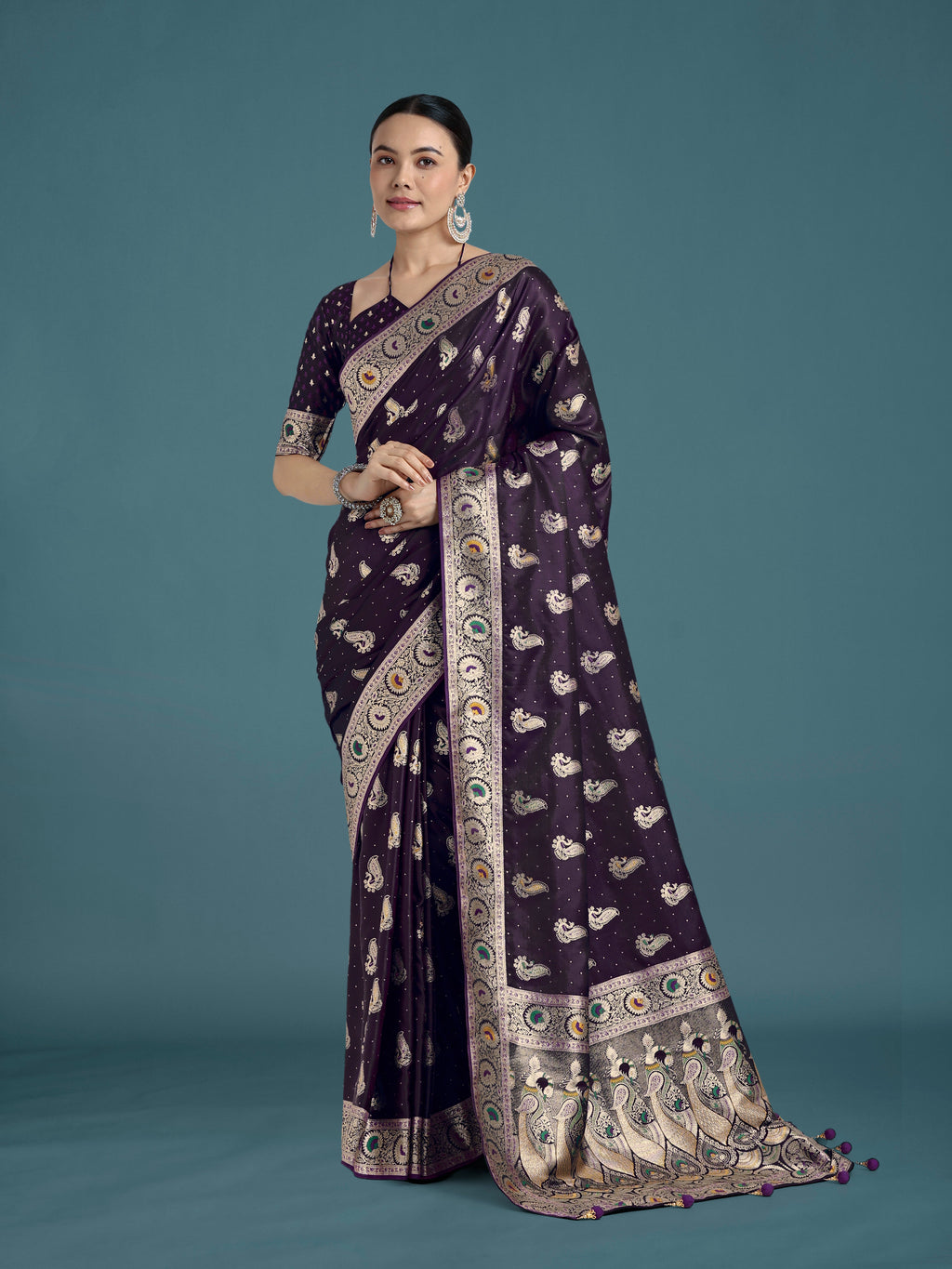 Monjolika Fashion Purple Color Festival Wear Banarasi Satin Silk Designer Zari Weaving Saree - Distacart