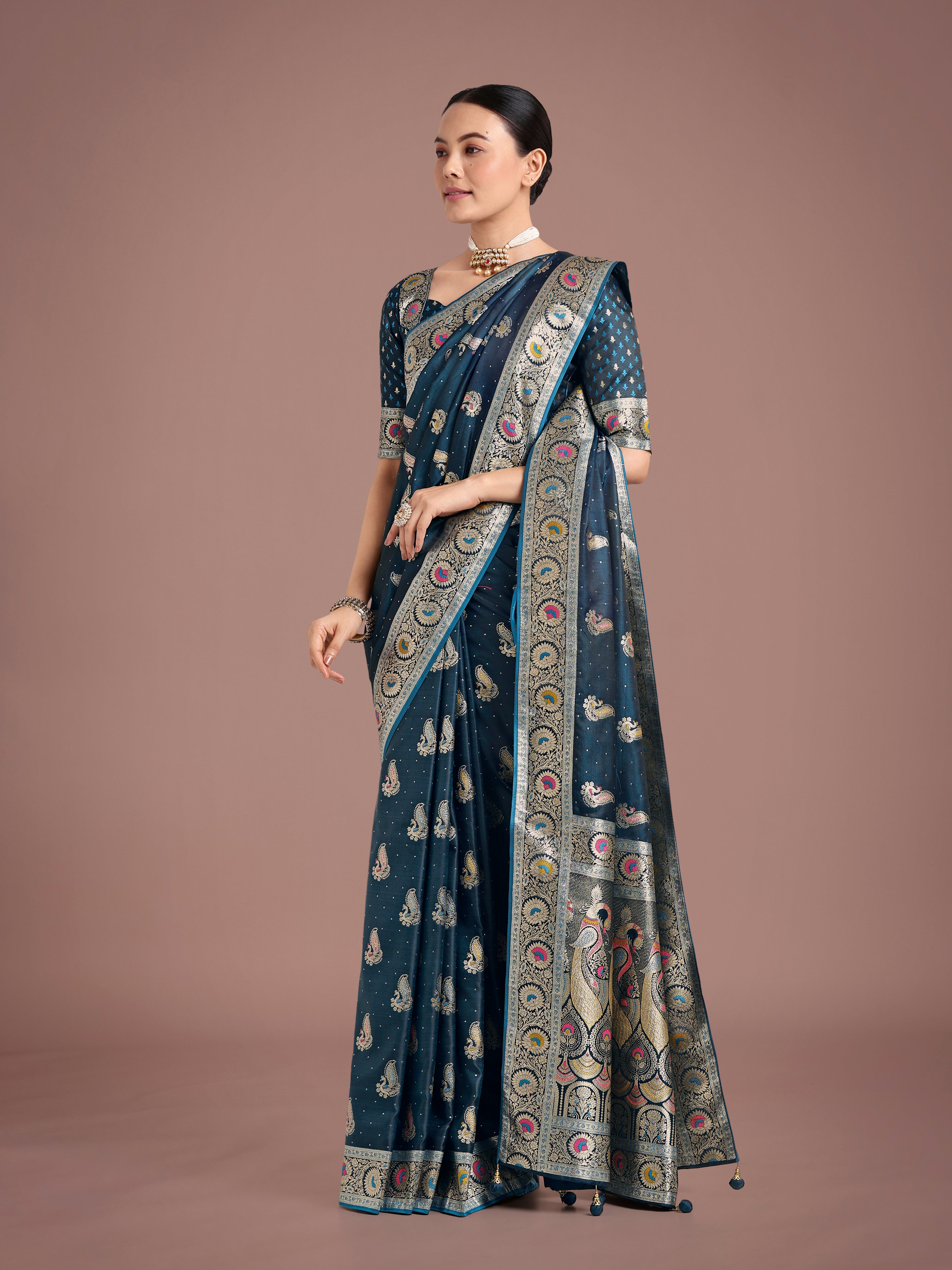 Monjolika Fashion Teal Color Festival Wear Banarasi Satin Silk Designer Zari Weaving Saree - Distacart