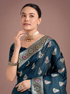 Monjolika Fashion Teal Color Festival Wear Banarasi Satin Silk Designer Zari Weaving Saree - Distacart