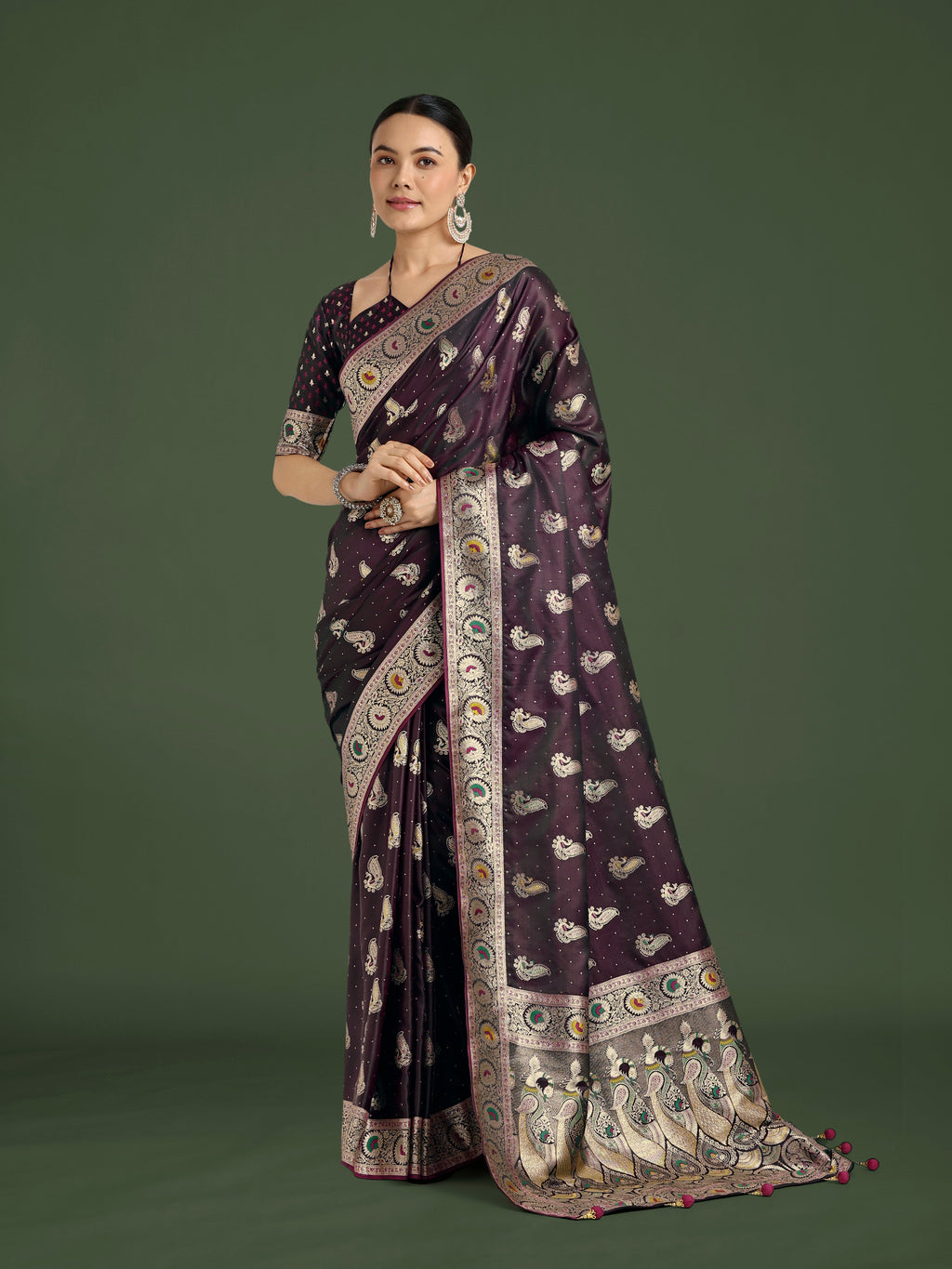 Monjolika Fashion Wine Color Festival Wear Banarasi Satin Silk Designer Zari Weaving Saree - Distacart