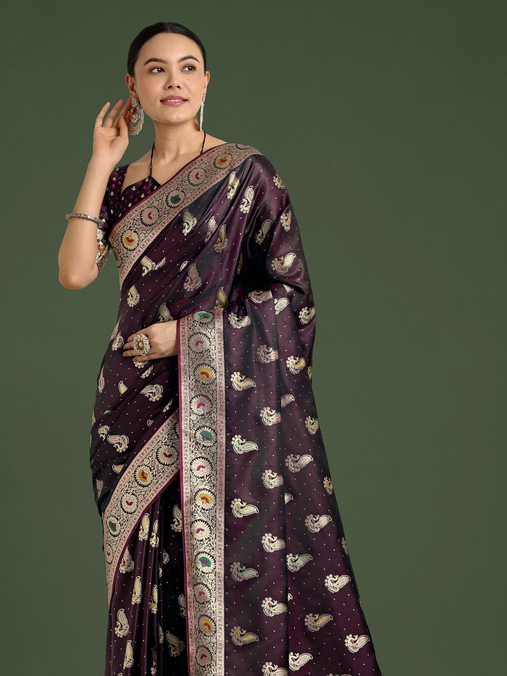 Monjolika Fashion Wine Color Festival Wear Banarasi Satin Silk Designer Zari Weaving Saree - Distacart