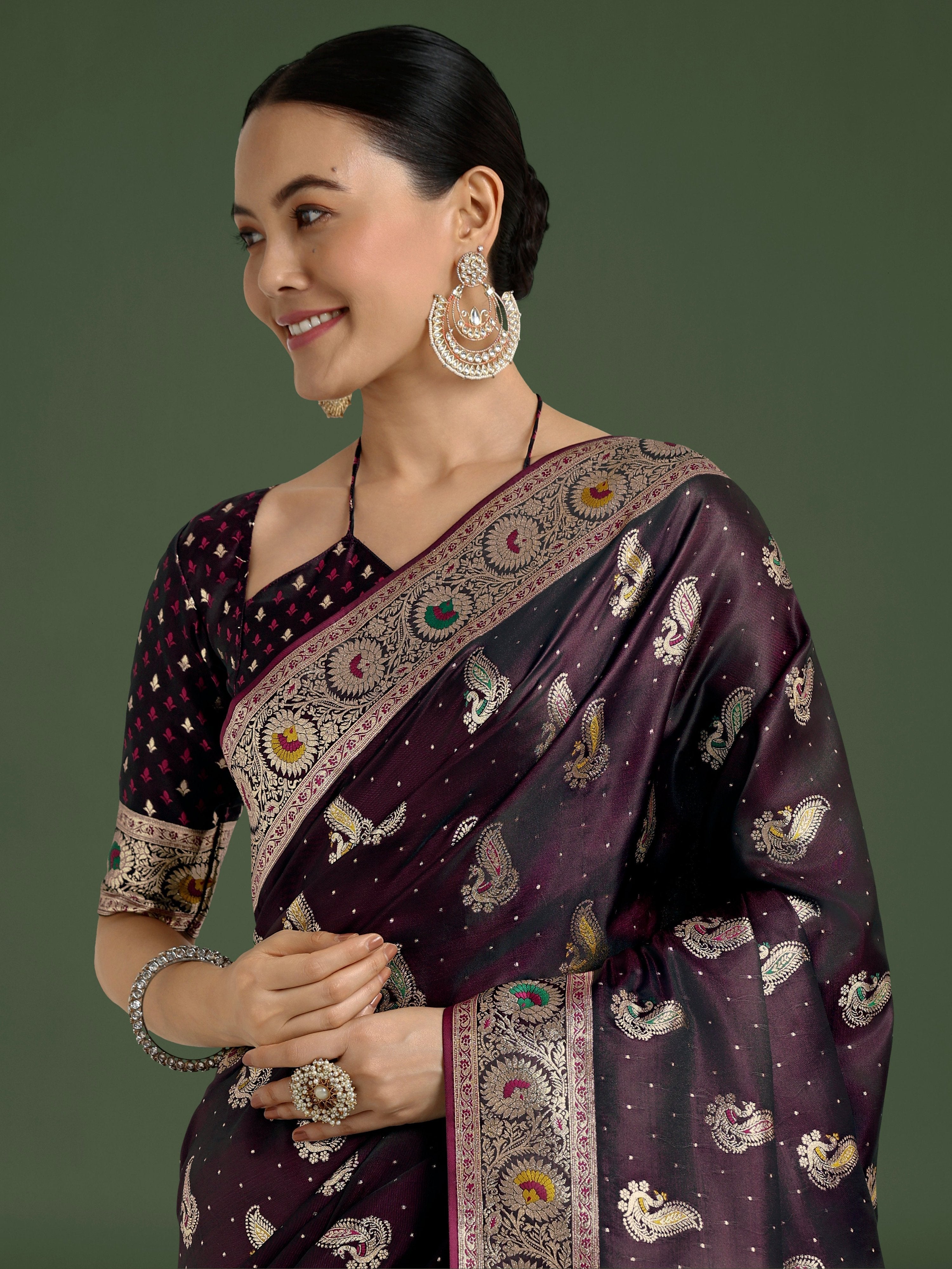 Monjolika Fashion Wine Color Festival Wear Banarasi Satin Silk Designer Zari Weaving Saree - Distacart
