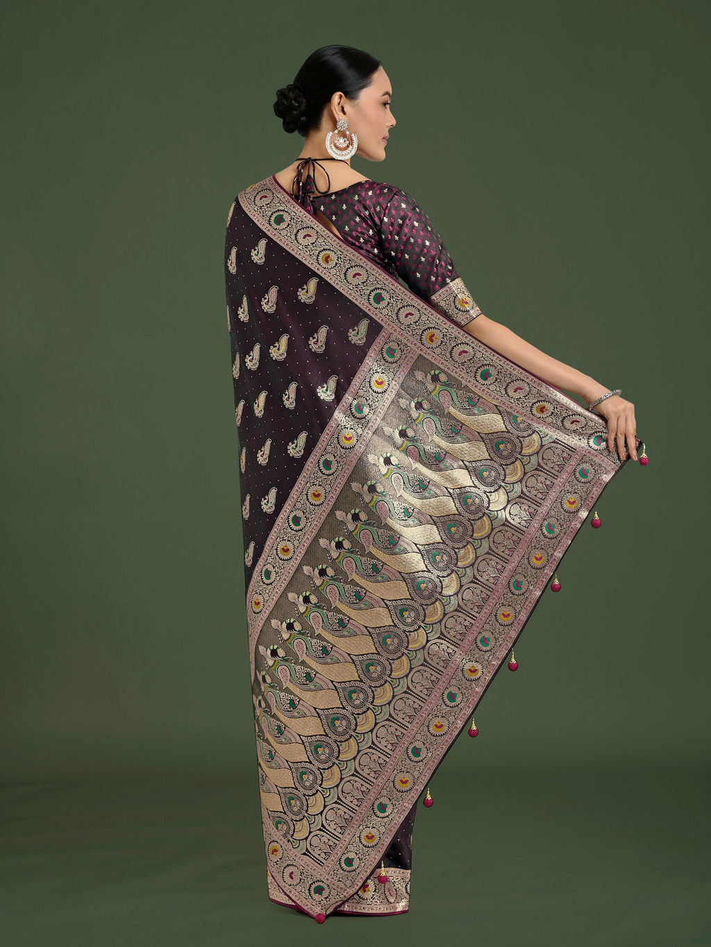 Monjolika Fashion Wine Color Festival Wear Banarasi Satin Silk Designer Zari Weaving Saree - Distacart