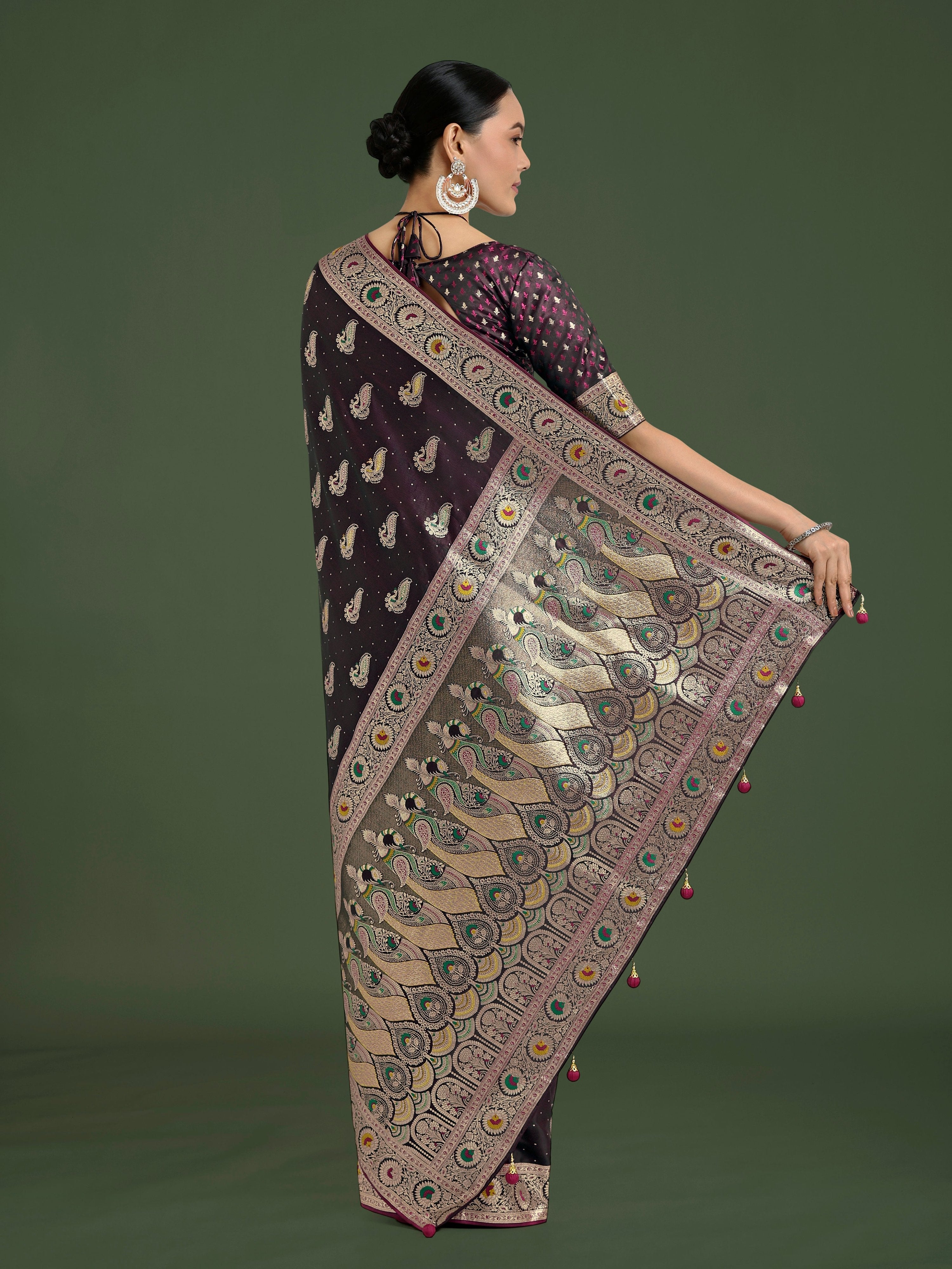 Monjolika Fashion Wine Color Festival Wear Banarasi Satin Silk Designer Zari Weaving Saree - Distacart