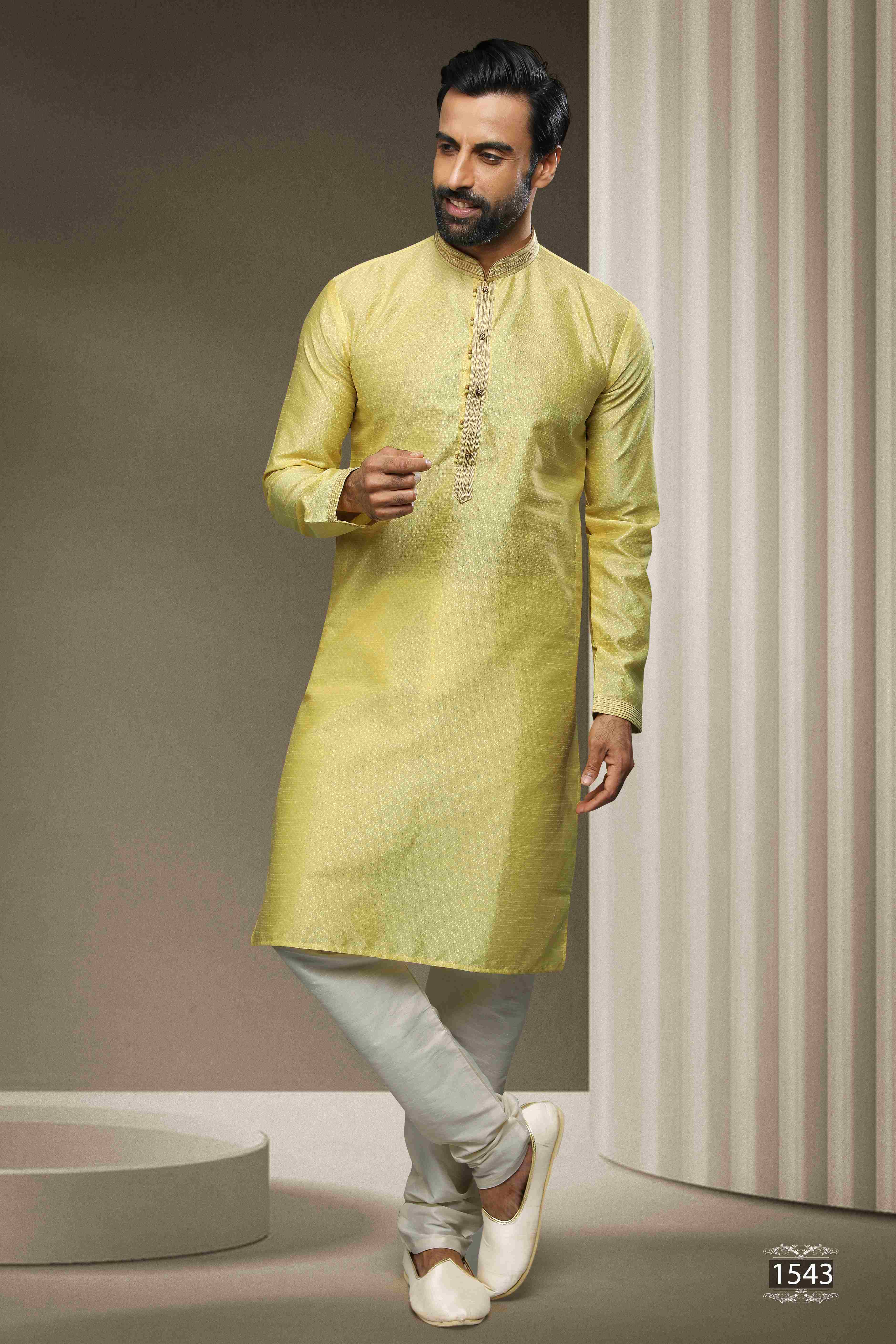 Raivat Ethnic Jacquard Silk Brocade Pintux Work Kurta Pajama In Lemon Cream Colour