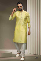 Raivat Ethnic Jacquard Silk Brocade Pintux Work Kurta Pajama In Lemon Cream Colour
