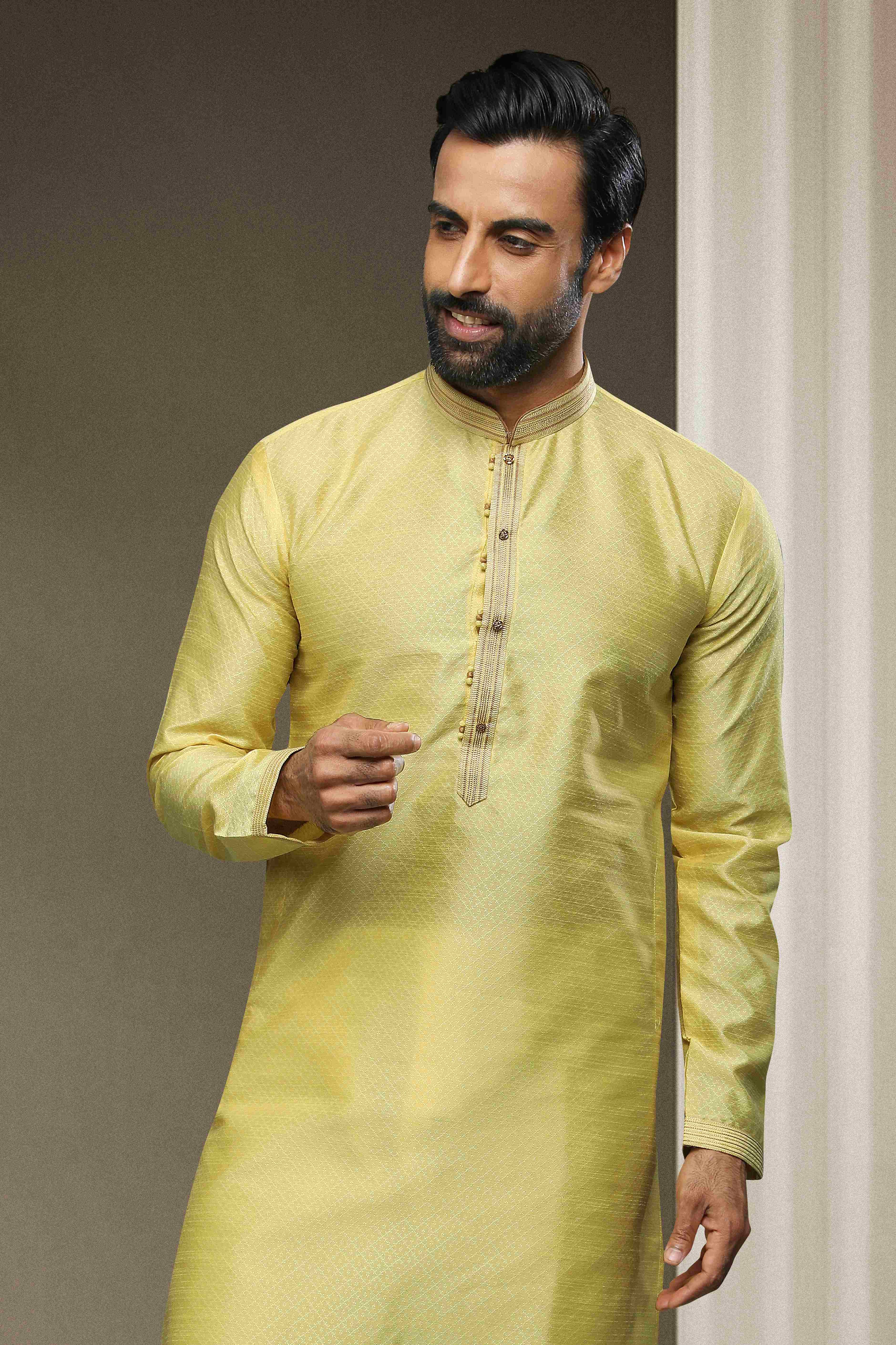 Raivat Ethnic Jacquard Silk Brocade Pintux Work Kurta Pajama In Lemon Cream Colour