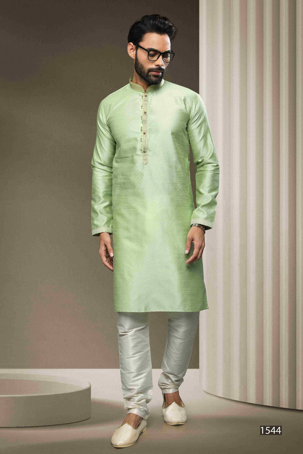 Raivat Ethnic Jacquard Silk Brocade Pintux Work Kurta Pajama In Pista Green Colour