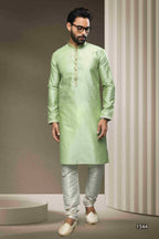 Raivat Ethnic Jacquard Silk Brocade Pintux Work Kurta Pajama In Pista Green Colour
