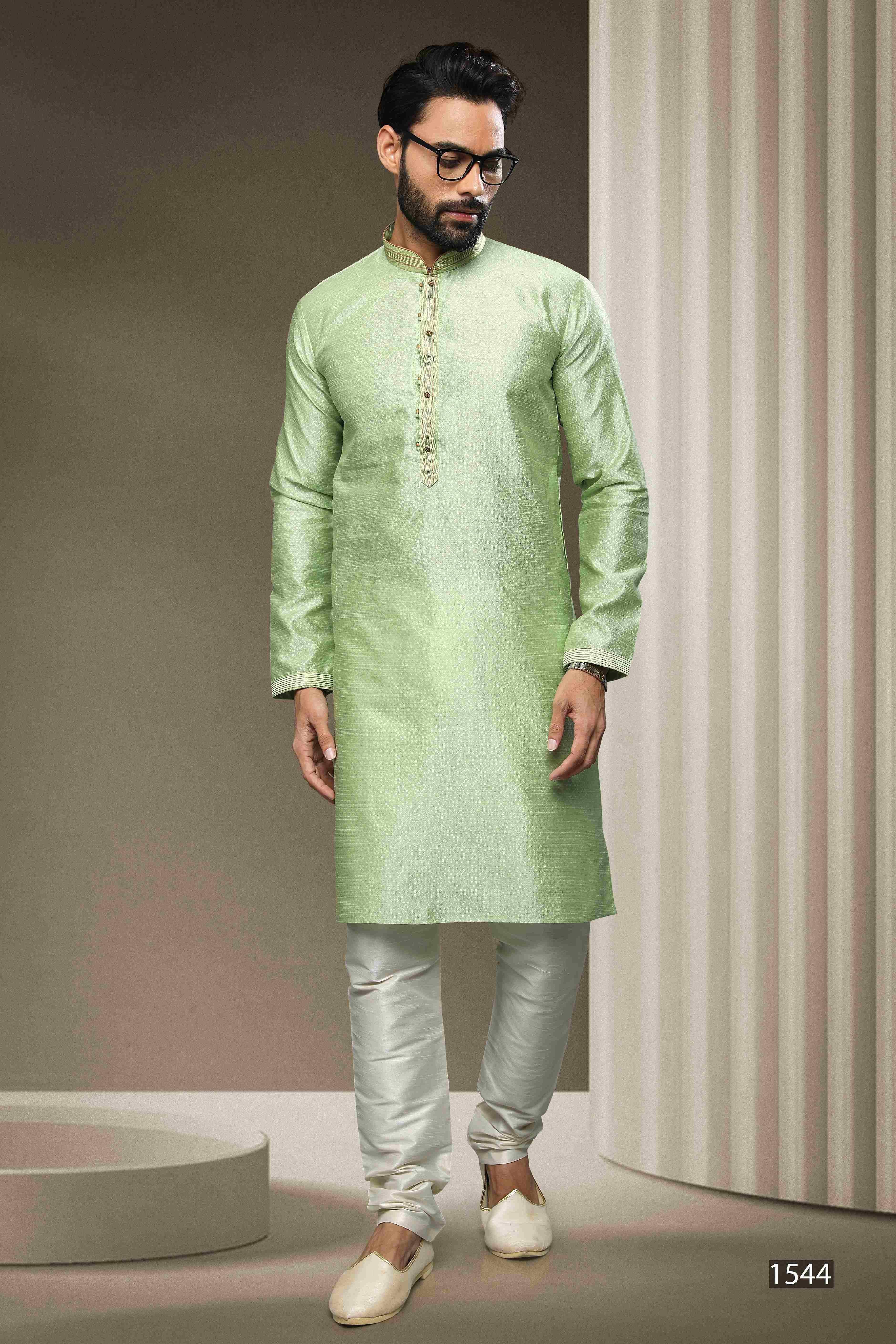 Raivat Ethnic Jacquard Silk Brocade Pintux Work Kurta Pajama In Pista Green Colour