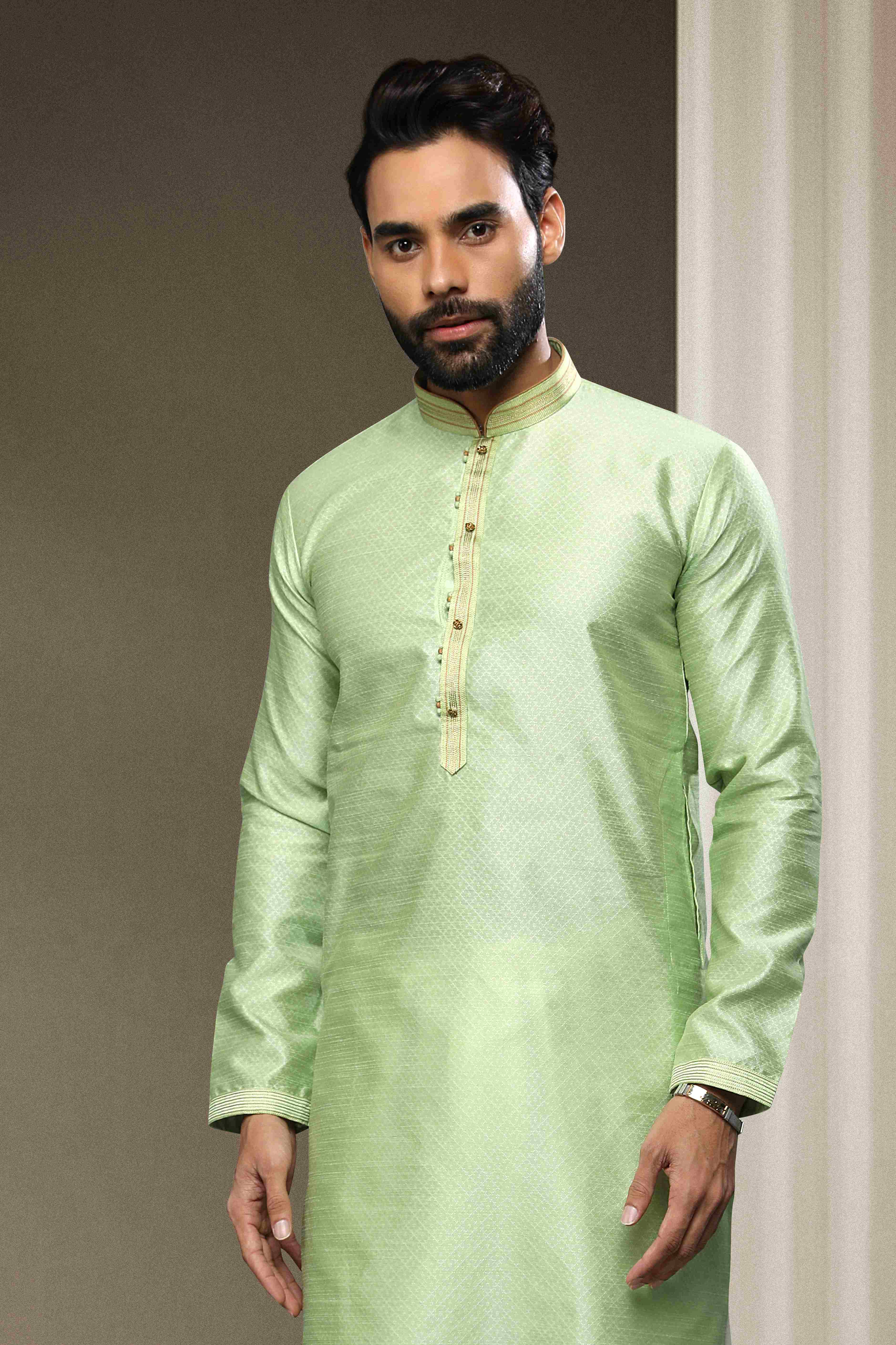 Raivat Ethnic Jacquard Silk Brocade Pintux Work Kurta Pajama In Pista Green Colour