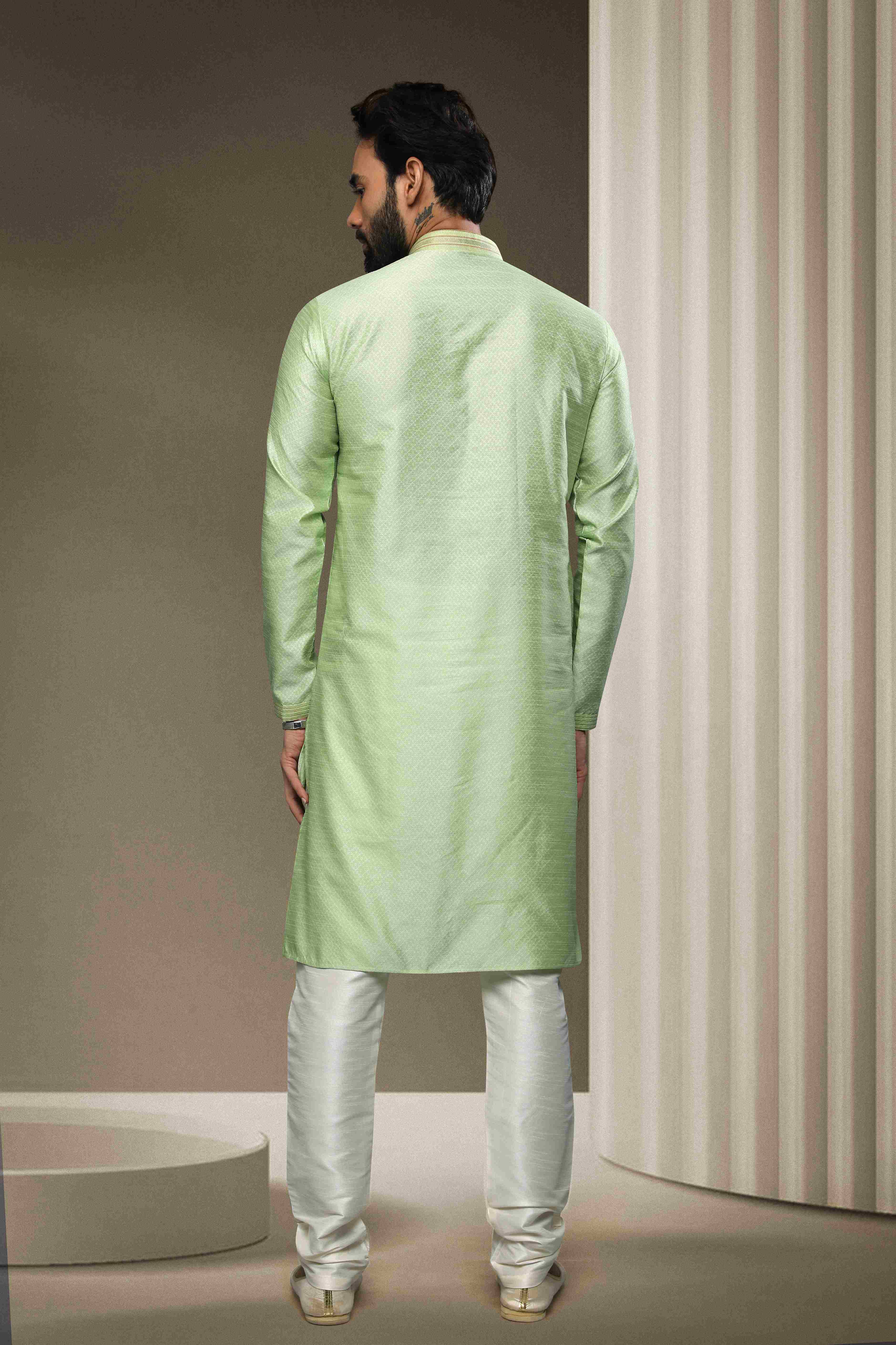 Raivat Ethnic Jacquard Silk Brocade Pintux Work Kurta Pajama In Pista Green Colour