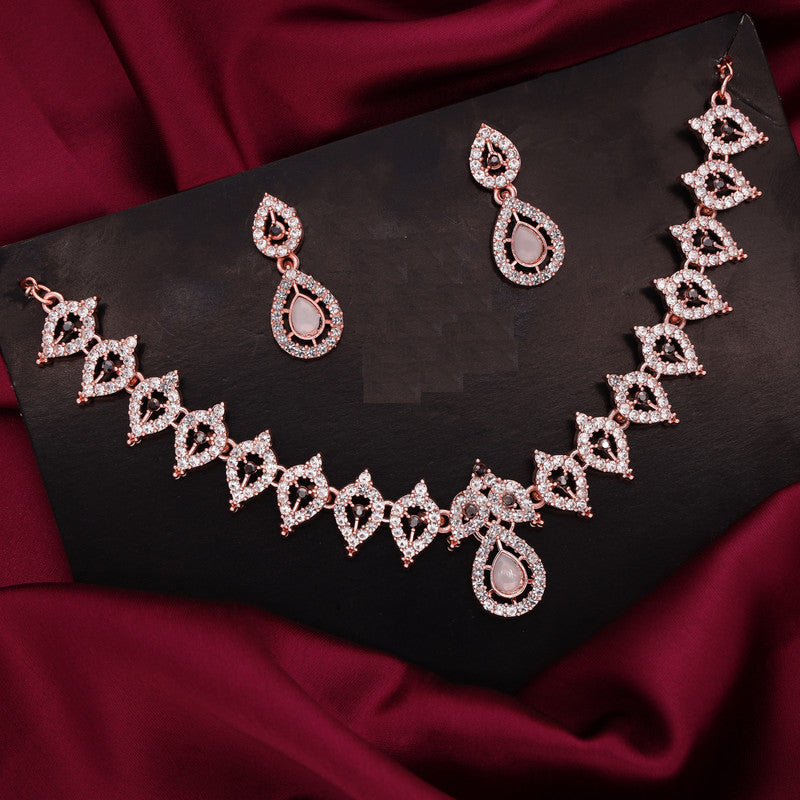 Tehzeeb Creations Shimmering Rose Gold Polished Ad Studded Necklace Jewellery Set With Matching Earrings For Women And Girls
