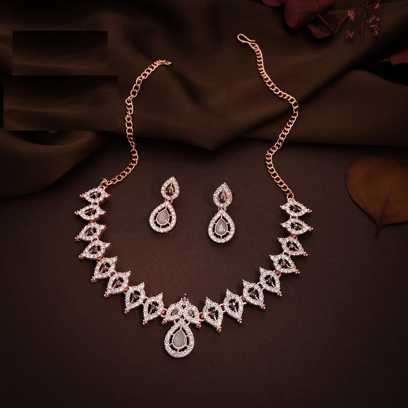 Tehzeeb Creations Shimmering Rose Gold Polished Ad Studded Necklace Jewellery Set With Matching Earrings For Women And Girls