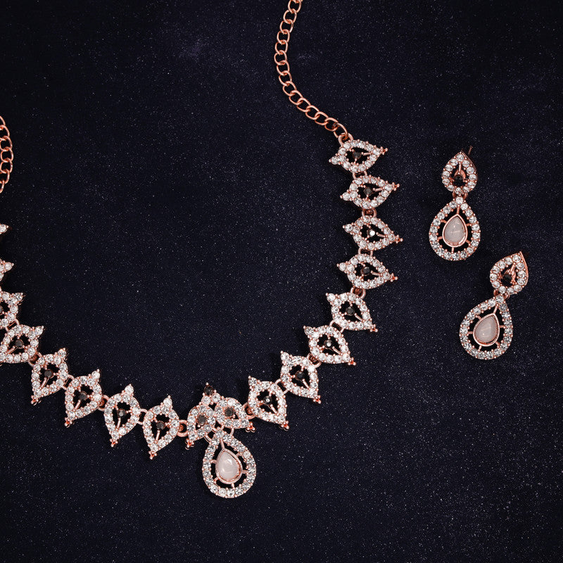 Tehzeeb Creations Shimmering Rose Gold Polished Ad Studded Necklace Jewellery Set With Matching Earrings For Women And Girls