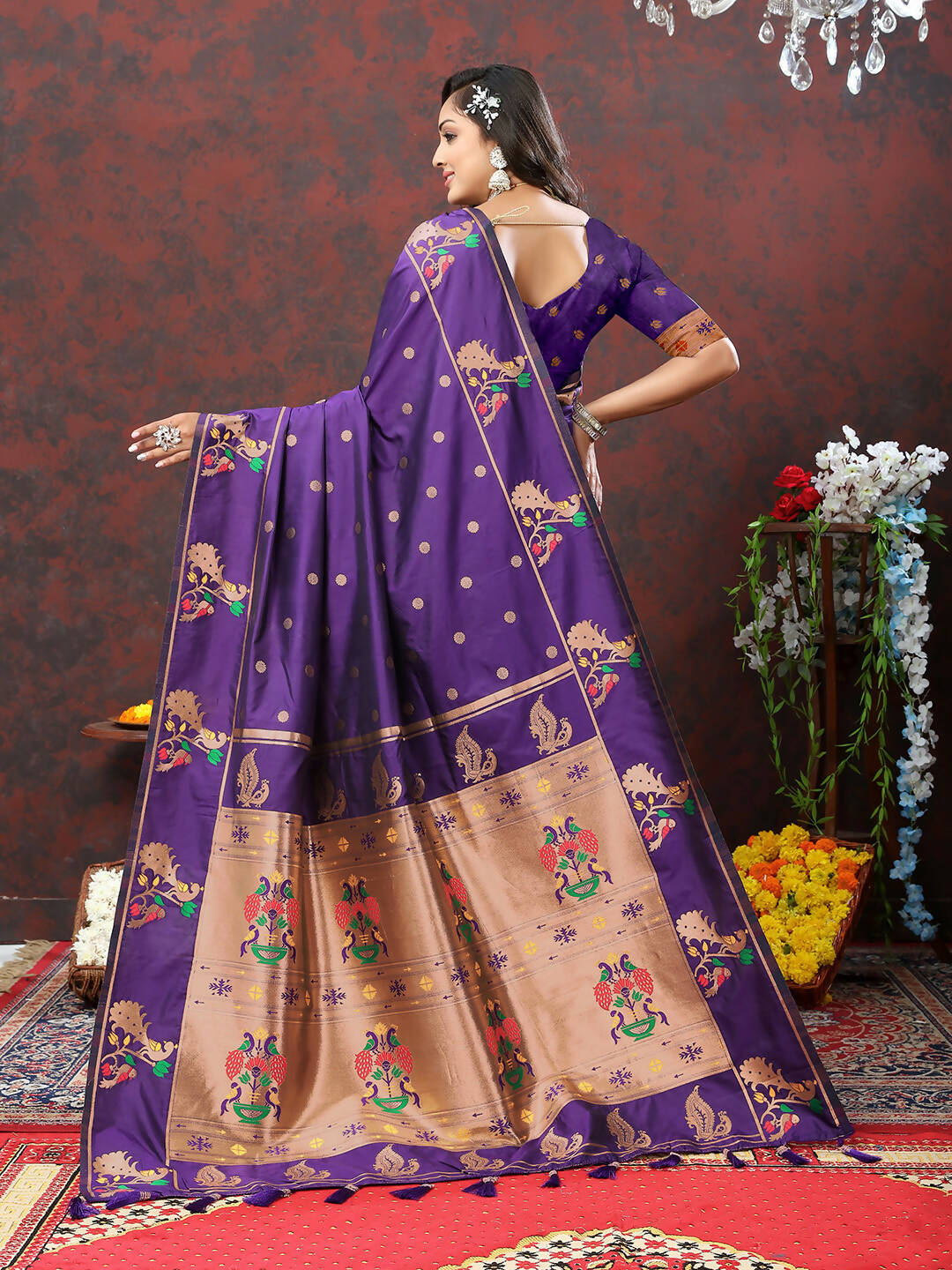 Lorenvalley Fashion Purple Soft Paithani Silk Woven Design Copper Zari Meenakari Weaving Saree