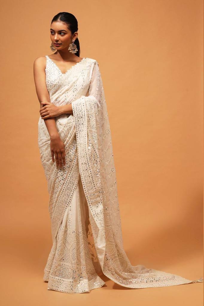 Teeya Creation White Color Georgette Embroidery Work Saree - Distacart