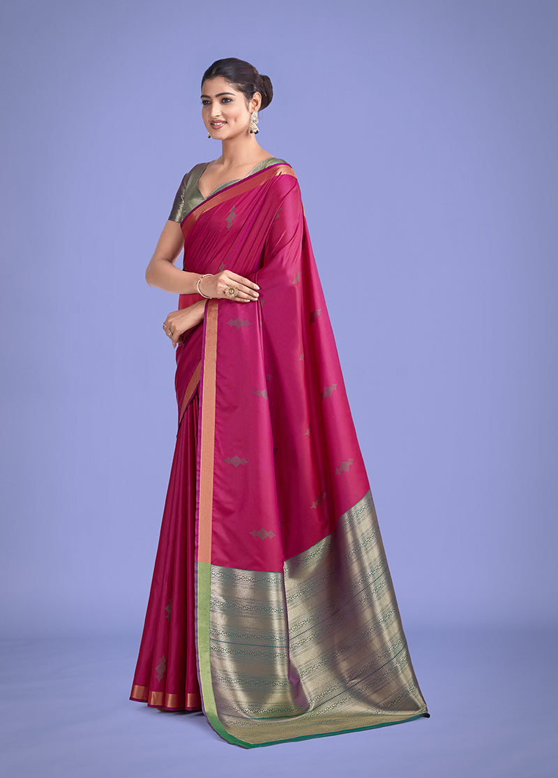 Monjolika Fashion Charming Rani Pink Color Silk Golden Zari Woven Ceremony Saree - Distacart