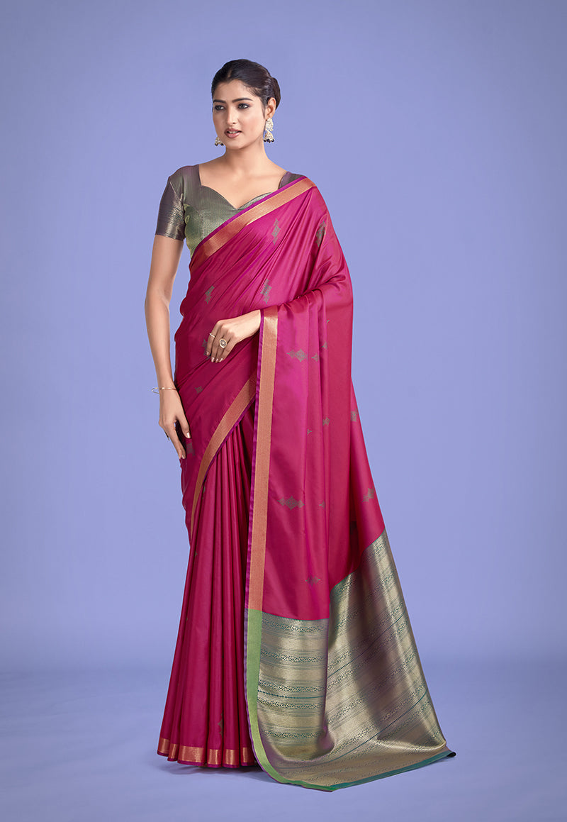 Monjolika Fashion Charming Rani Pink Color Silk Golden Zari Woven Ceremony Saree - Distacart