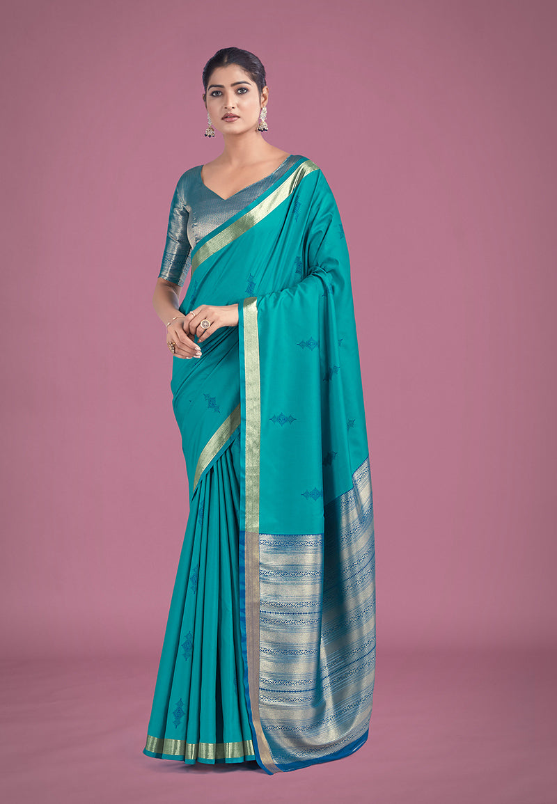 Monjolika Fashion Charming Turquoise Color Silk Golden Zari Woven Ceremony Saree - Distacart