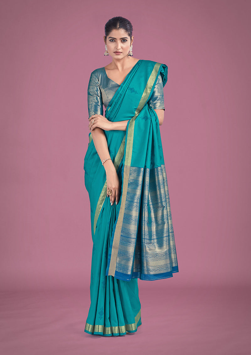 Monjolika Fashion Charming Turquoise Color Silk Golden Zari Woven Ceremony Saree - Distacart